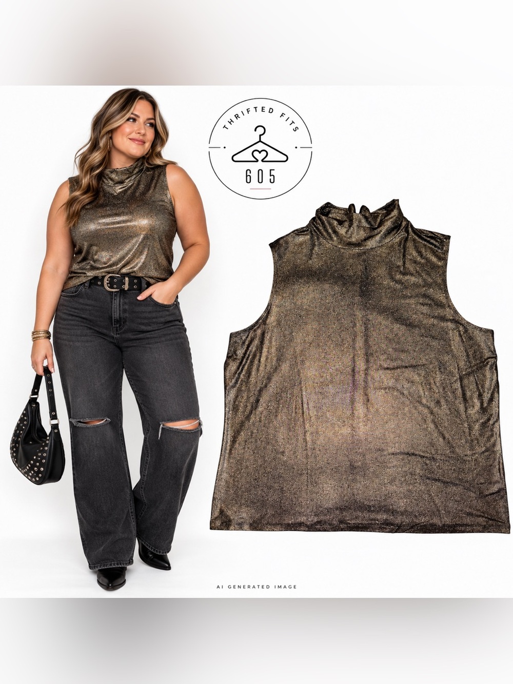 Laura Ashley Metallic Sleeveless Mock Neck Top - Gold